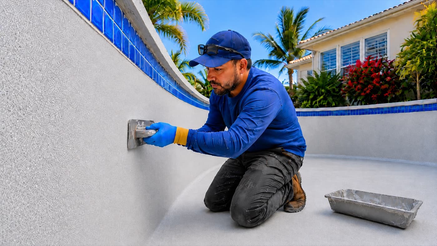 A contractor troweling fresh plaster onto a pool wall